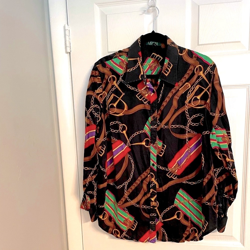 Vintage authentic Ralph Lauren Multicolor Chain Print blouse Top size 2 XL